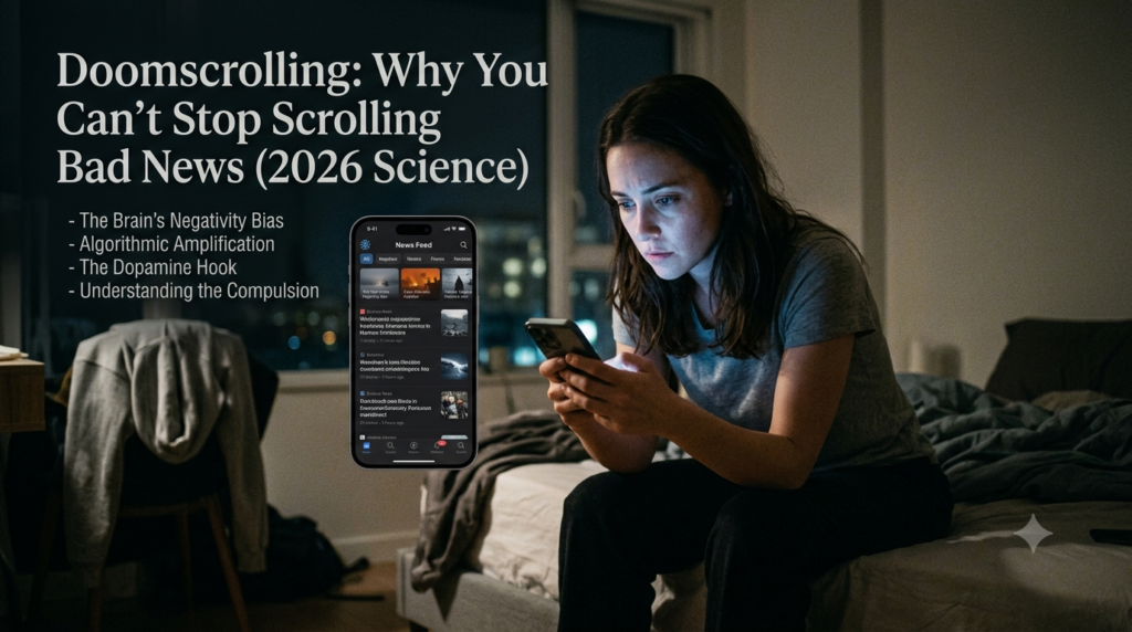 person doomscrolling news on phone in bed at night looking anxious